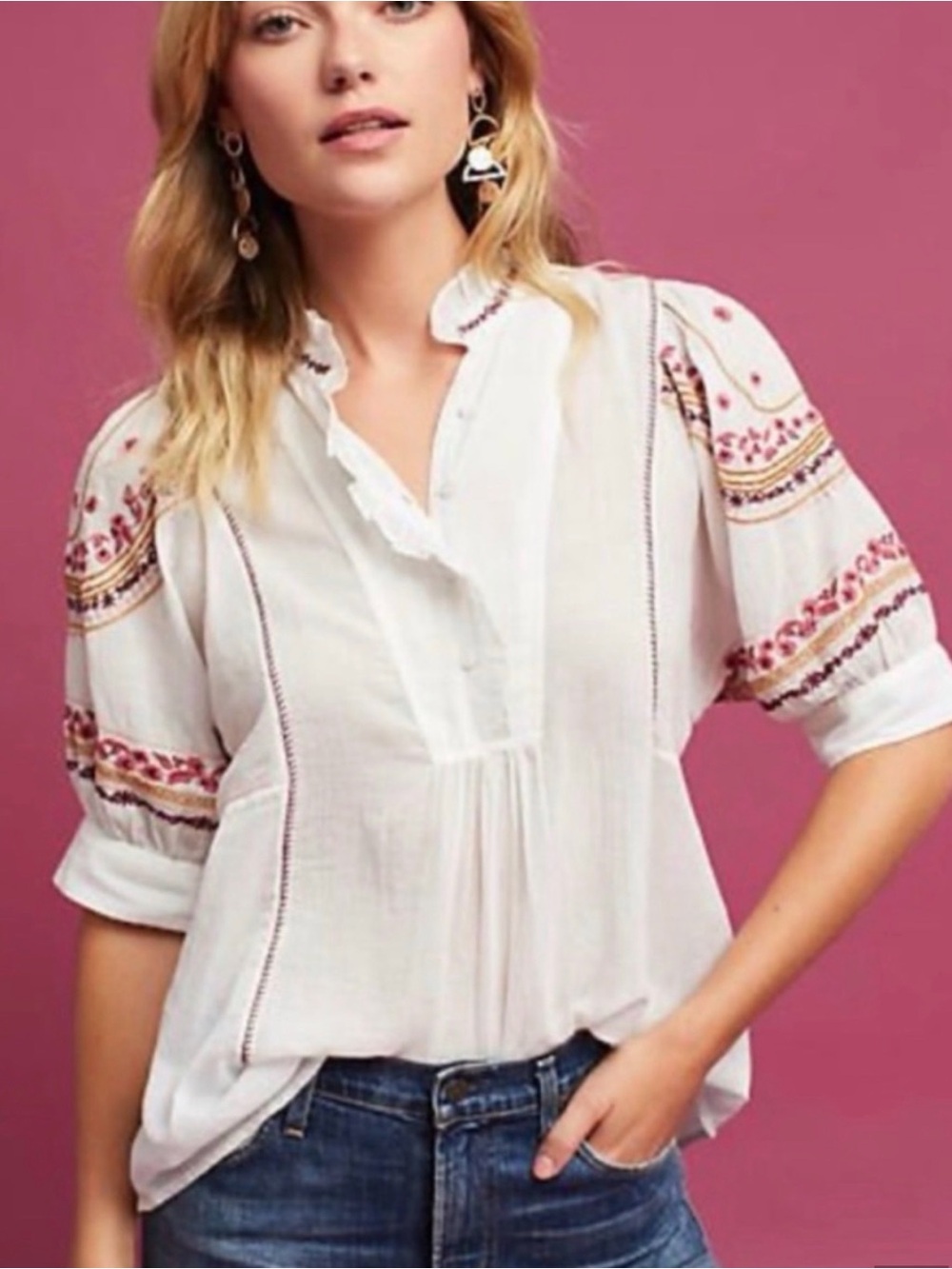 Anthropologie Akemi & Kin Embroidered White Peasant Blouse - Women's Top